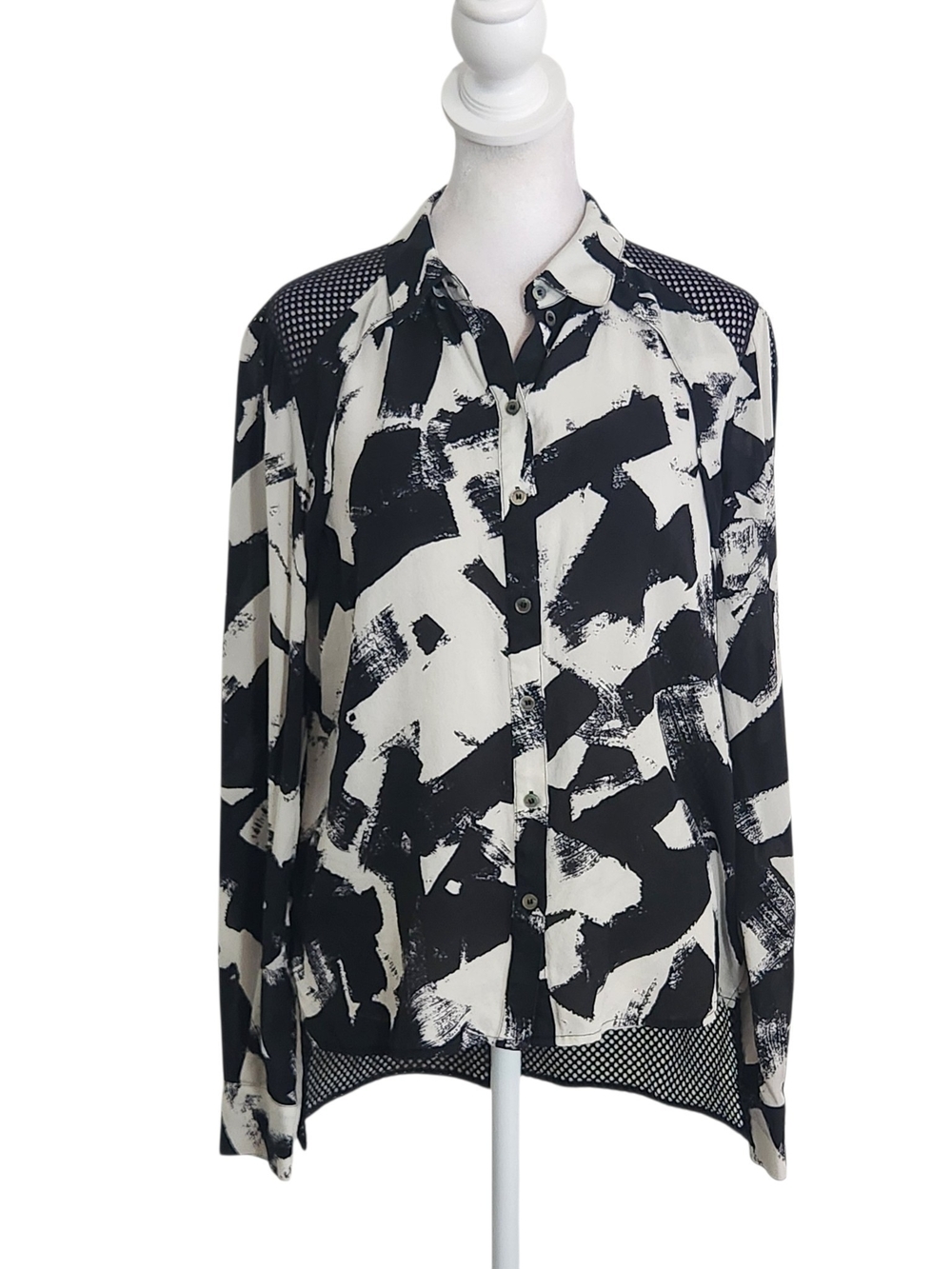 L.A.M.B. Black and White Abstract Print Silk Blouse with Mesh Back Size Small